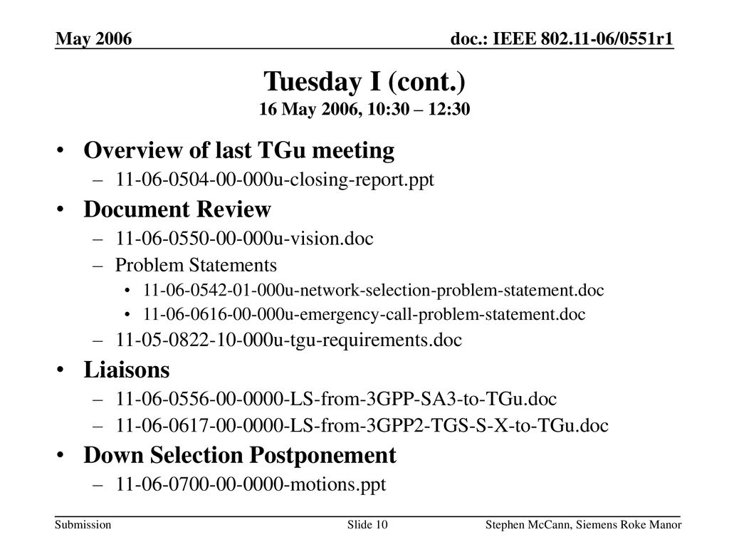 Tuesday I (cont.) 16 May 2006, 10:30 – 12:30