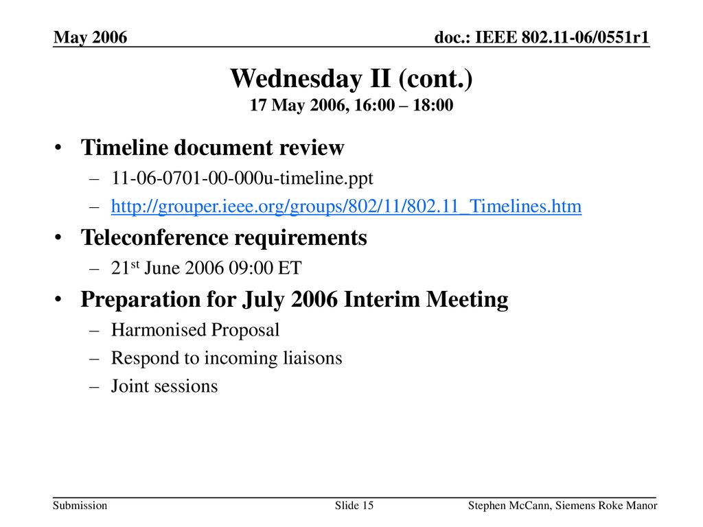 Wednesday II (cont.) 17 May 2006, 16:00 – 18:00