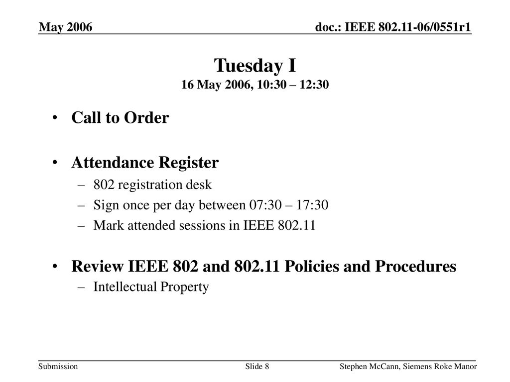 Tuesday I 16 May 2006, 10:30 – 12:30 Call to Order Attendance Register