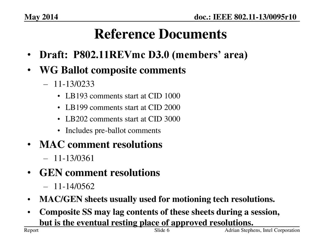 Reference Documents Draft: P802.11REVmc D3.0 (members’ area)
