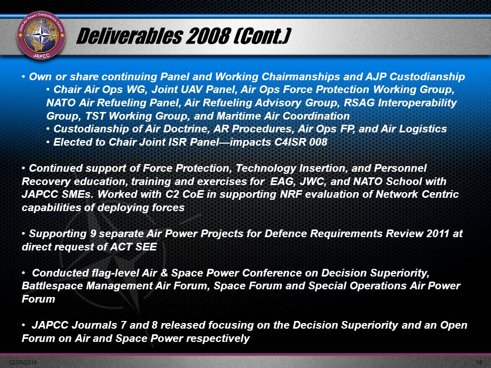 Deliverables 2008 (Cont.) Own or share continuing Panel and Working Chairmanships and AJP Custodianship.