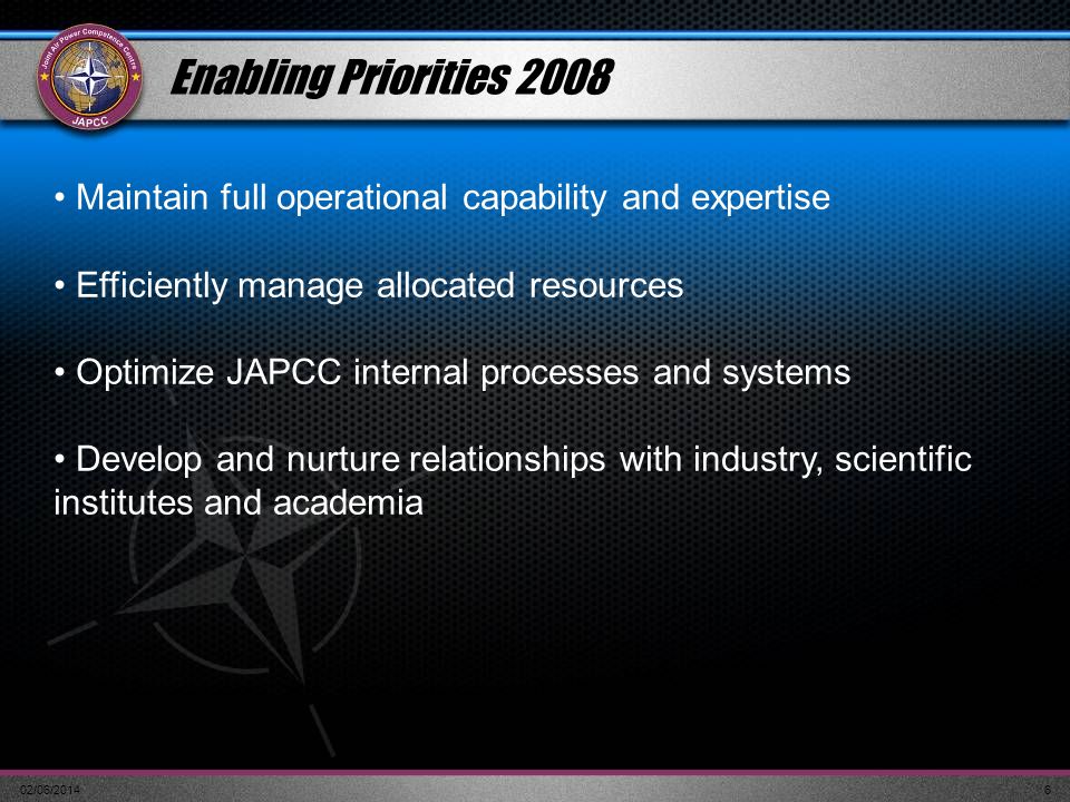 Enabling Priorities 2008 Maintain full operational capability and expertise. Efficiently manage allocated resources.