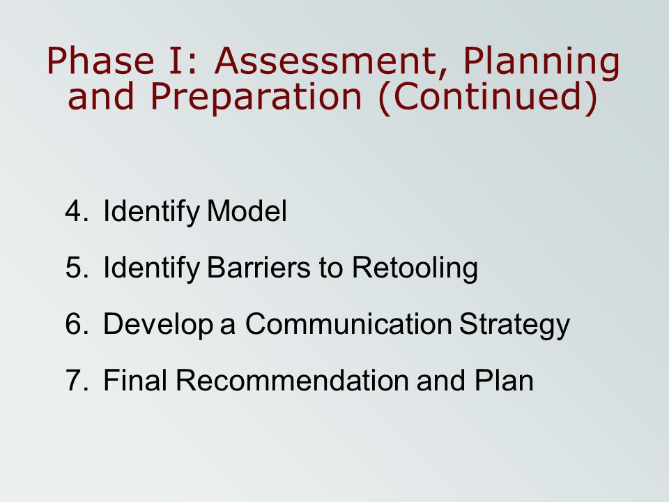 Phase I: Assessment, Planning and Preparation (Continued)