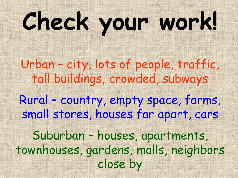 Check your work! Urban – city, lots of people, traffic, tall buildings, crowded, subways.