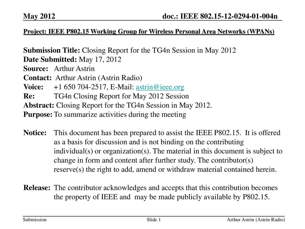 Submission Title: Closing Report for the TG4n Session in May 2012