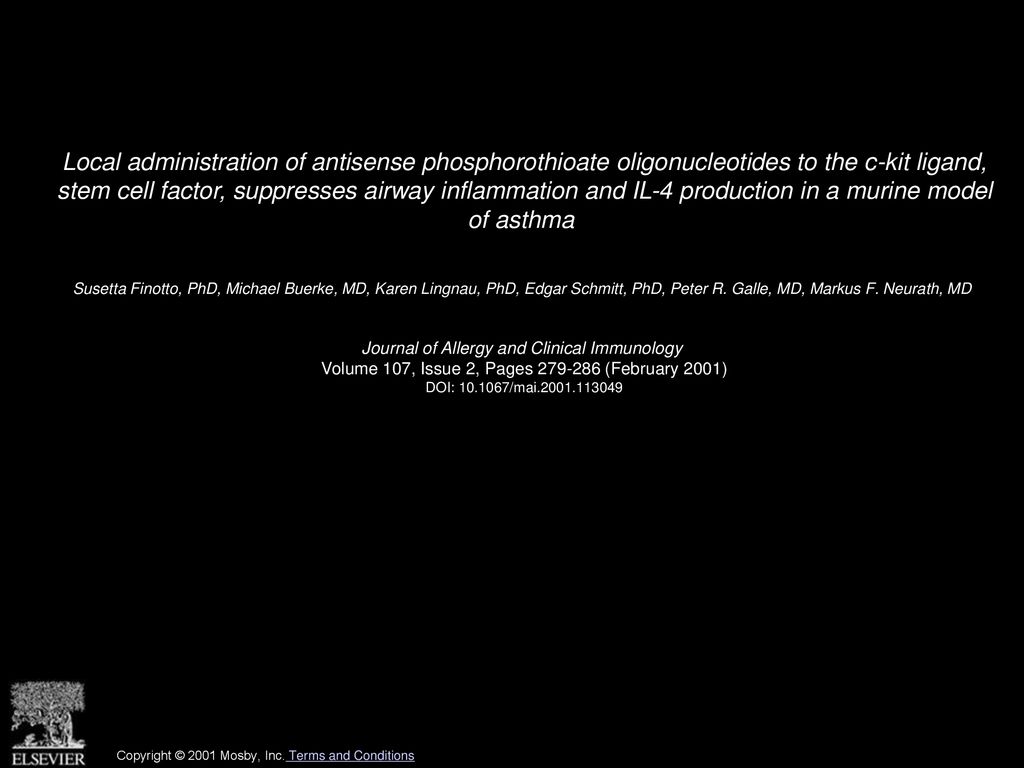 Local administration of antisense phosphorothioate oligonucleotides to the c-kit ligand, stem cell factor, suppresses airway inflammation and IL-4 production in a murine model of asthma