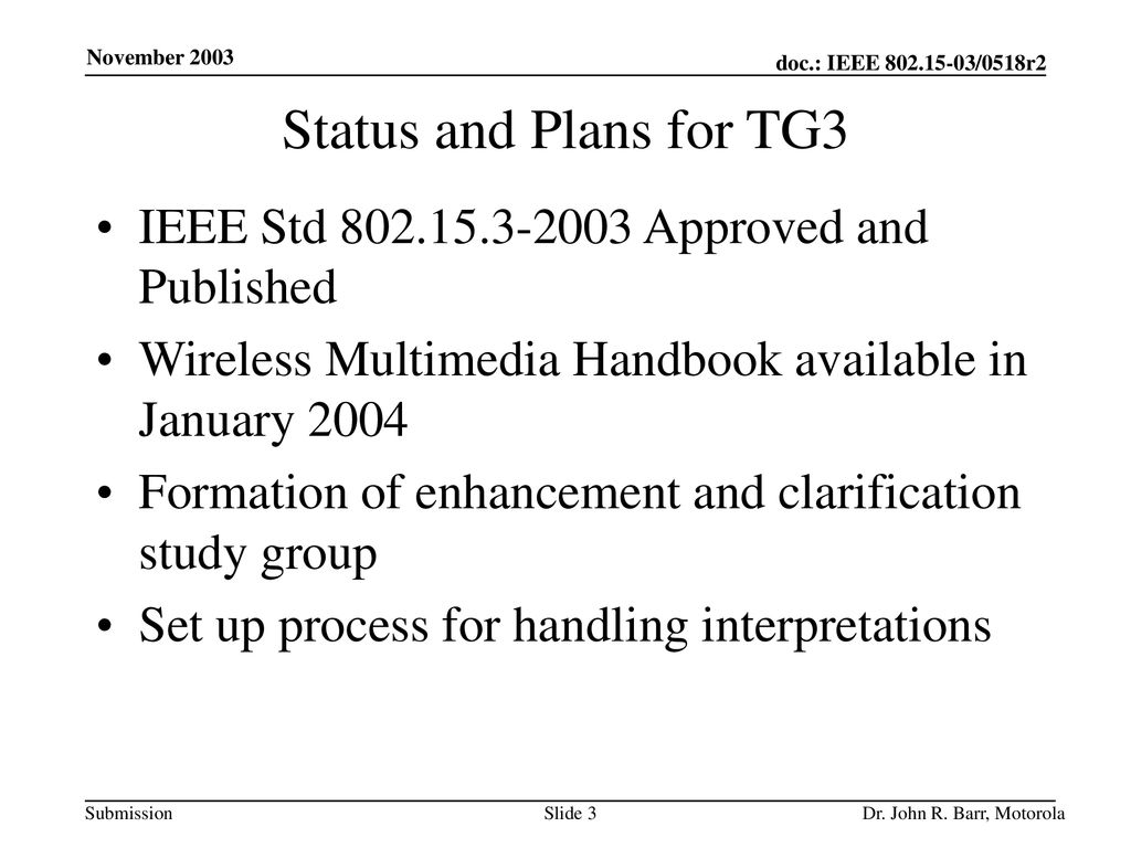 Status and Plans for TG3 IEEE Std Approved and Published
