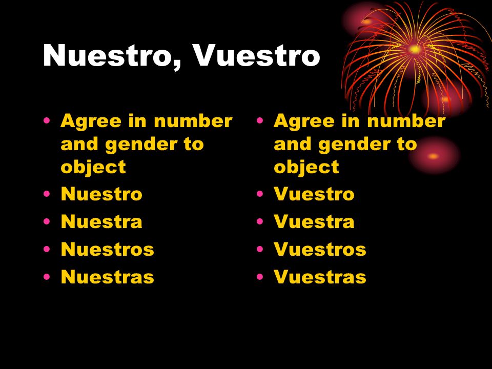 Nuestro, Vuestro Agree in number and gender to object Nuestro Nuestra