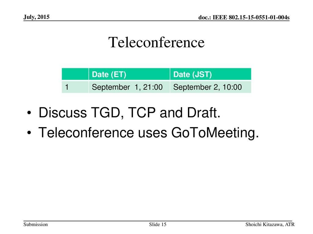 Teleconference Discuss TGD, TCP and Draft.