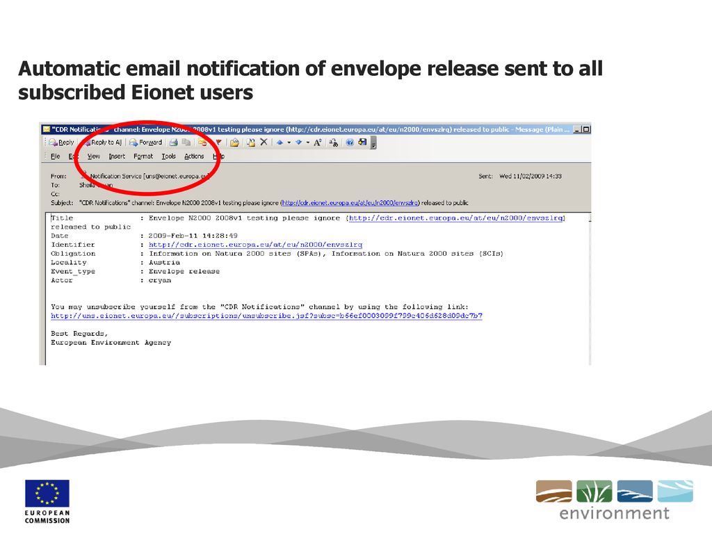 Automatic  notification of envelope release sent to all subscribed Eionet users