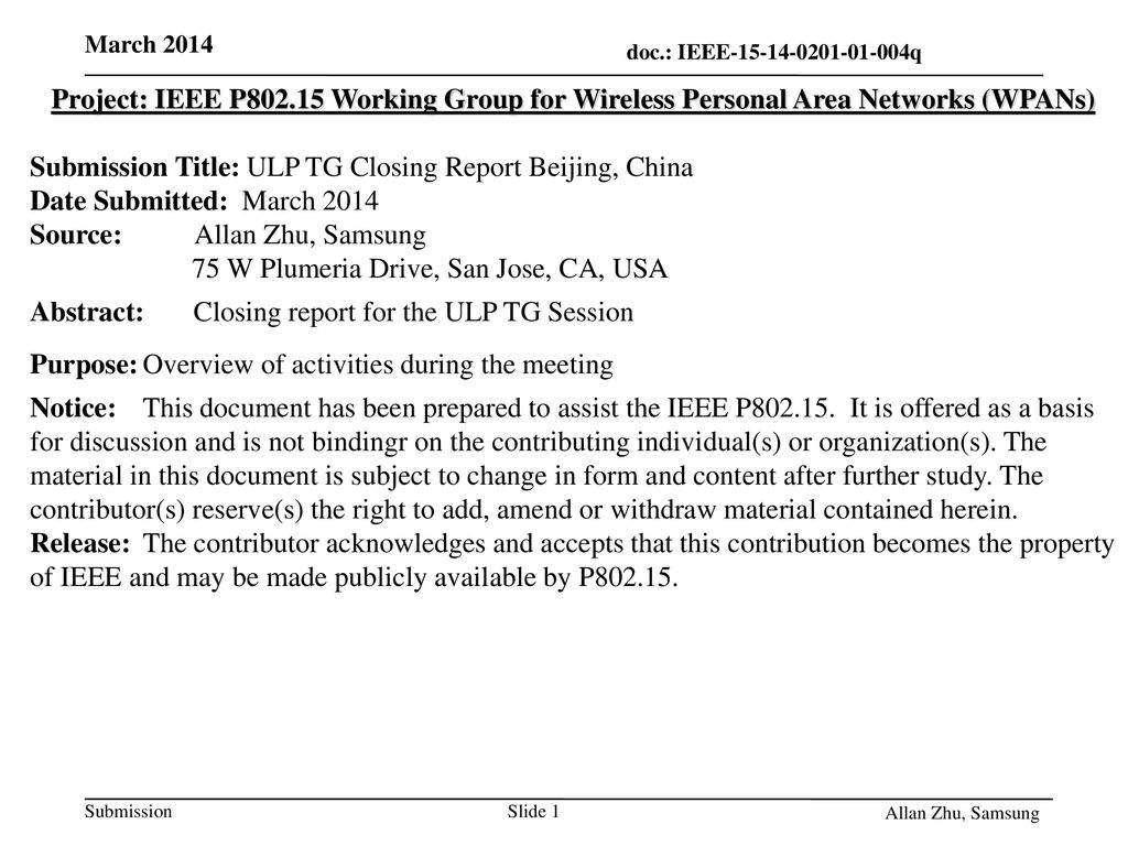 Submission Title: ULP TG Closing Report Beijing, China