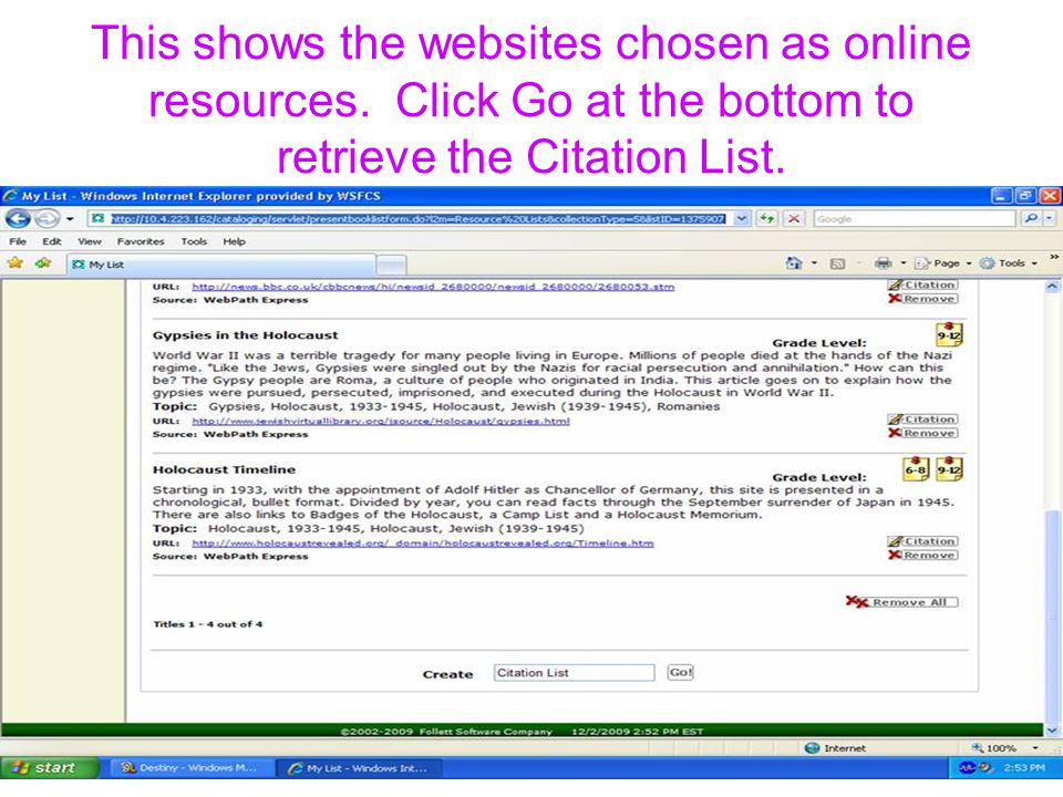 This shows the websites chosen as online resources