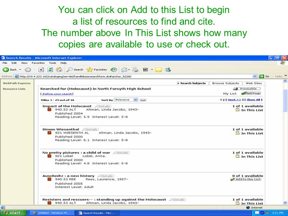You can click on Add to this List to begin a list of resources to find and cite.