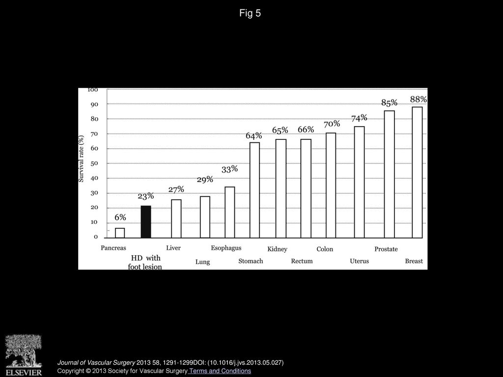 Fig 5 Comparison of 5-year survival rates in hemodialysis (HD) patients with foot lesions and patients with cancer.