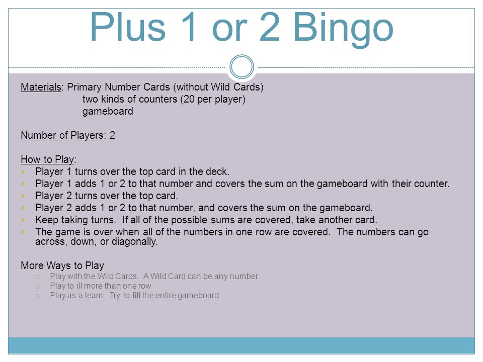 Plus 1 or 2 Bingo Materials: Primary Number Cards (without Wild Cards)