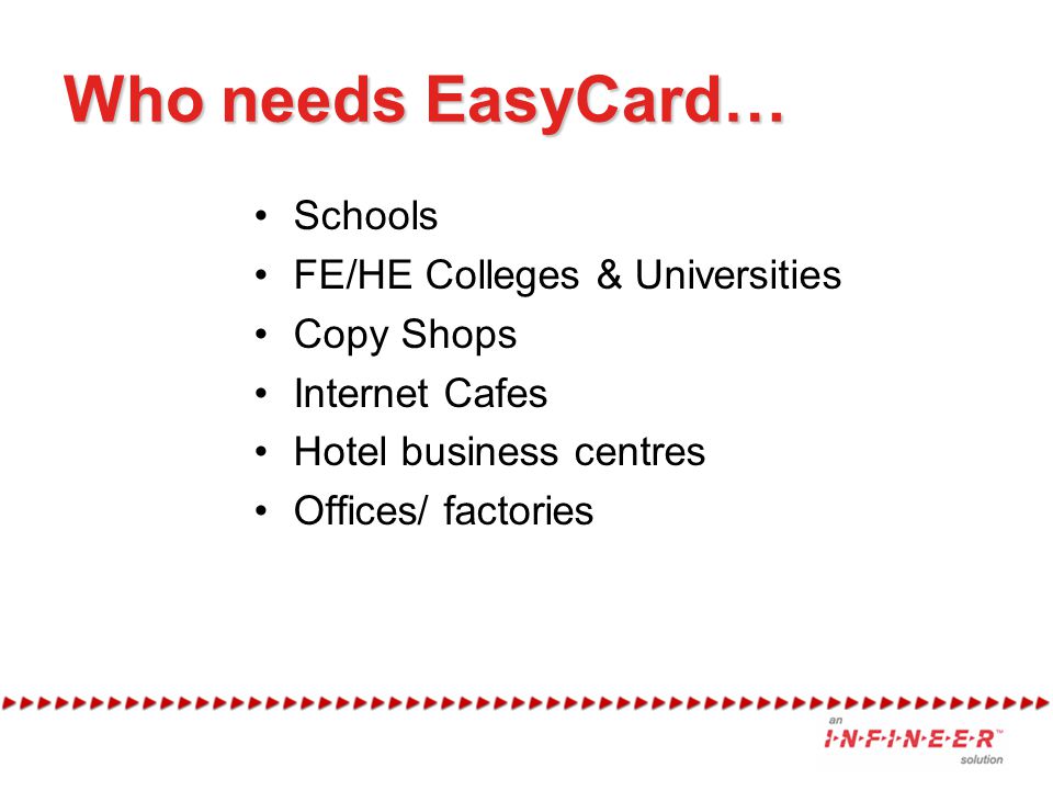 Who needs EasyCard… Schools FE/HE Colleges & Universities Copy Shops