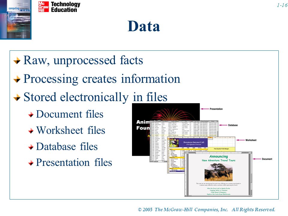 Data Raw, unprocessed facts Processing creates information