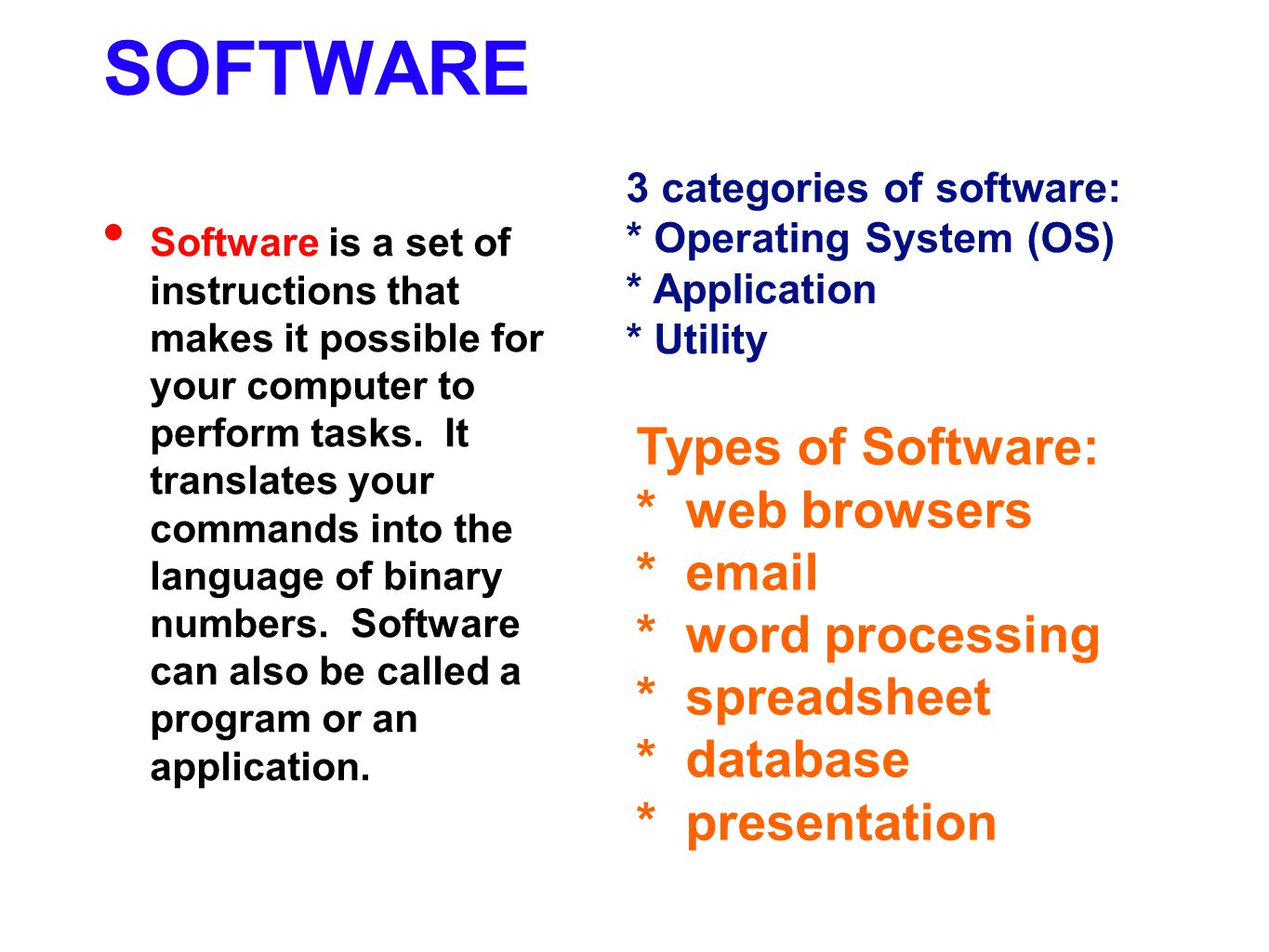 SOFTWARE Types of Software: * web browsers *  * word processing