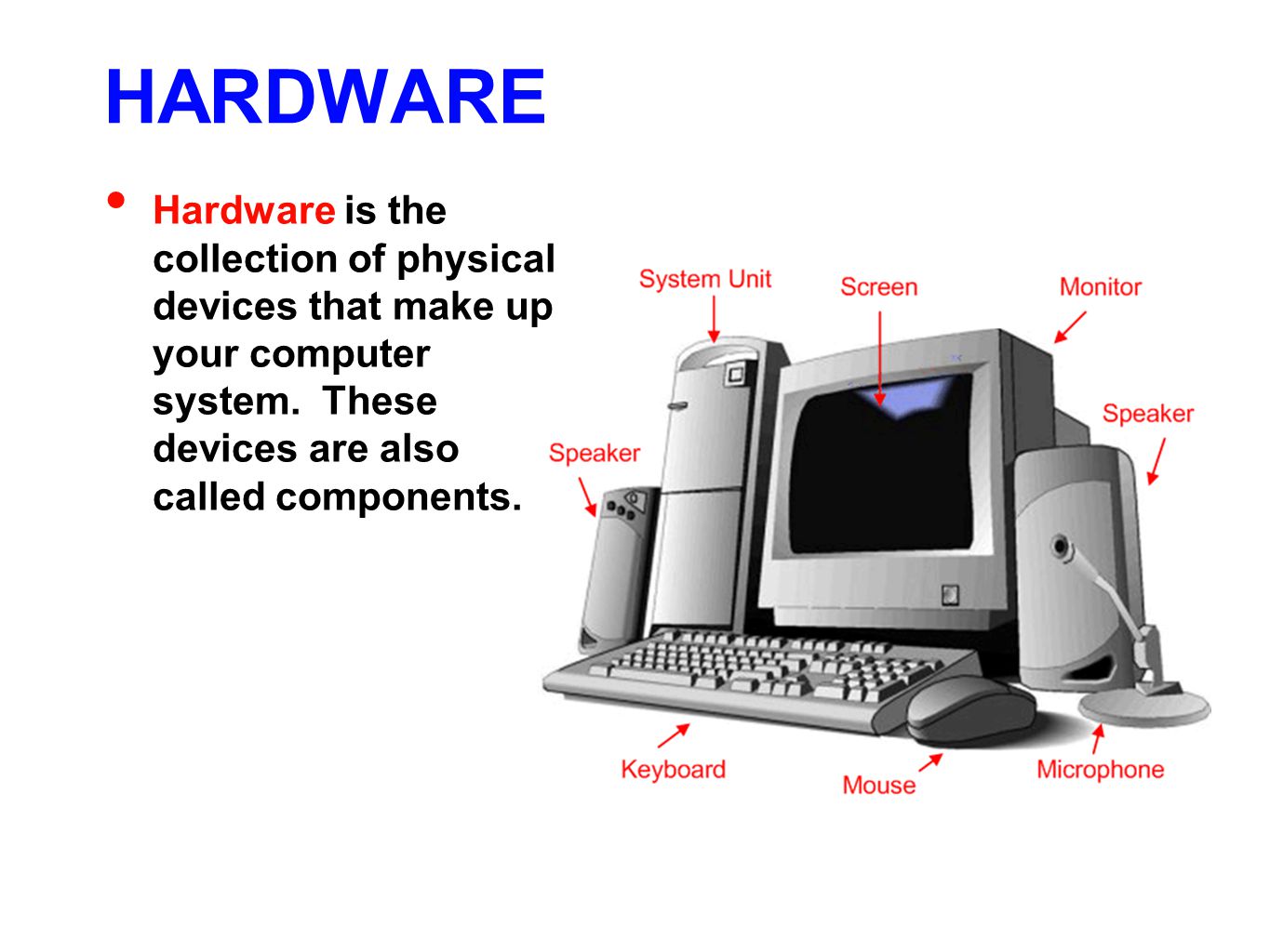HARDWARE Hardware is the collection of physical devices that make up your computer system.