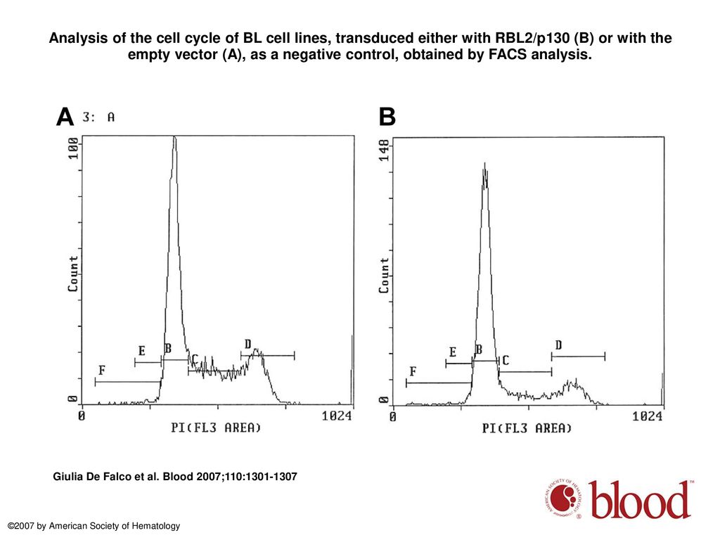 Analysis of the cell cycle of BL cell lines, transduced either with RBL2/p130 (B) or with the empty vector (A), as a negative control, obtained by FACS analysis.