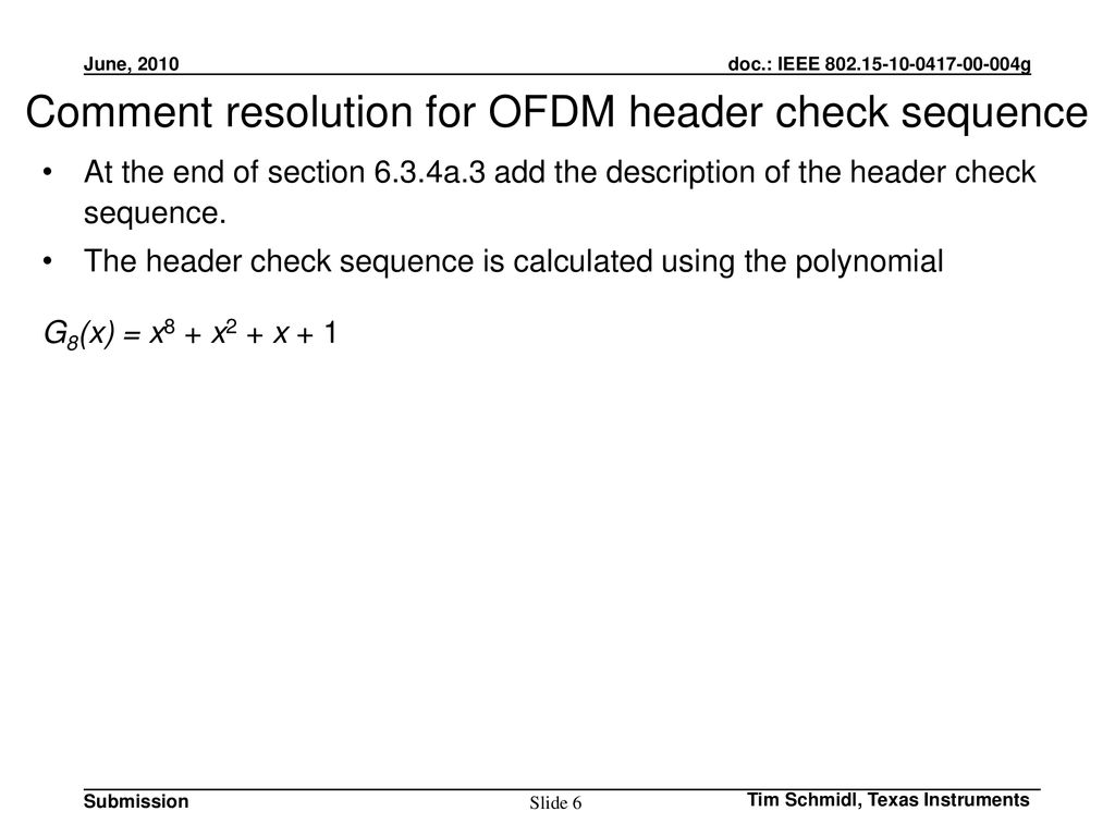 Comment resolution for OFDM header check sequence