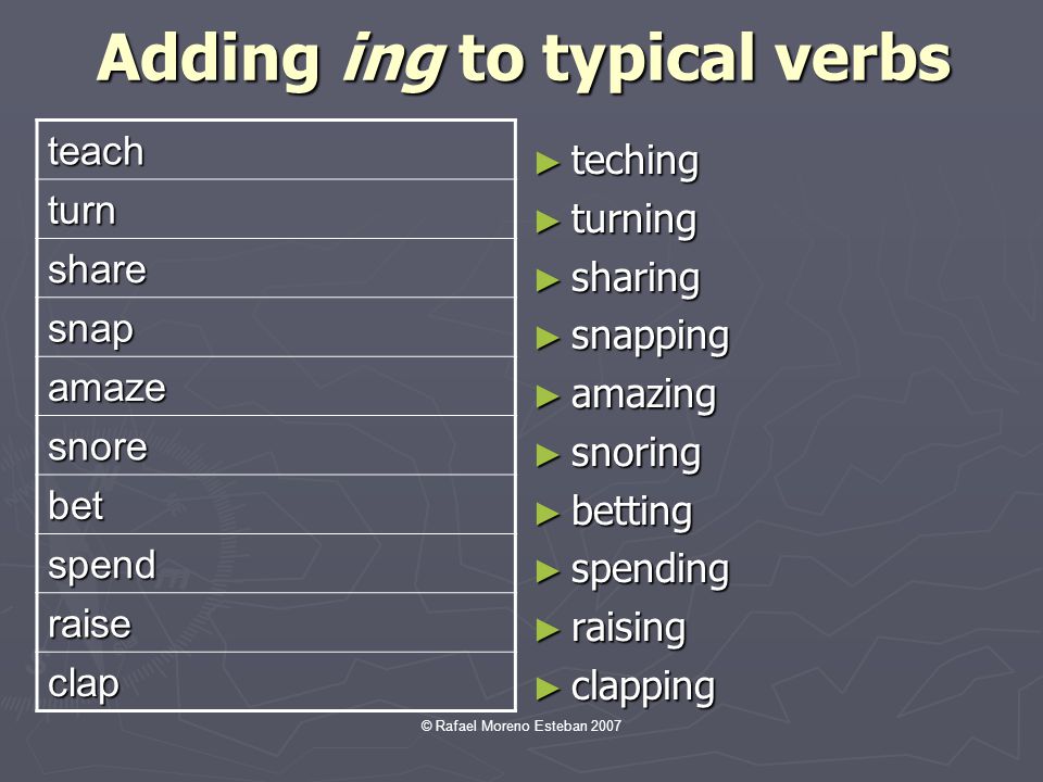 Adding ing to typical verbs