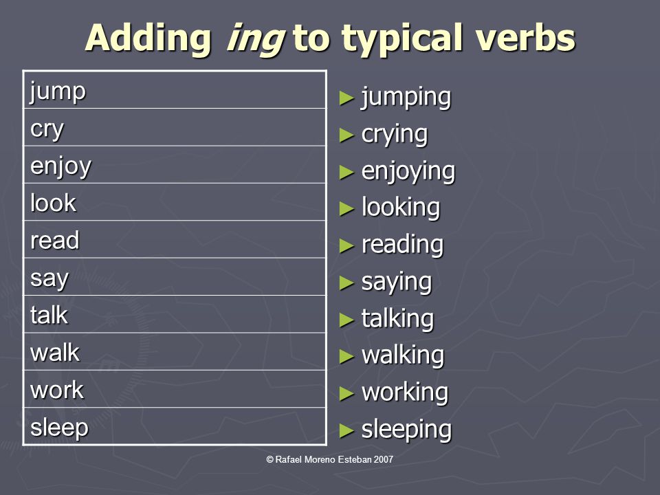 Adding ing to typical verbs
