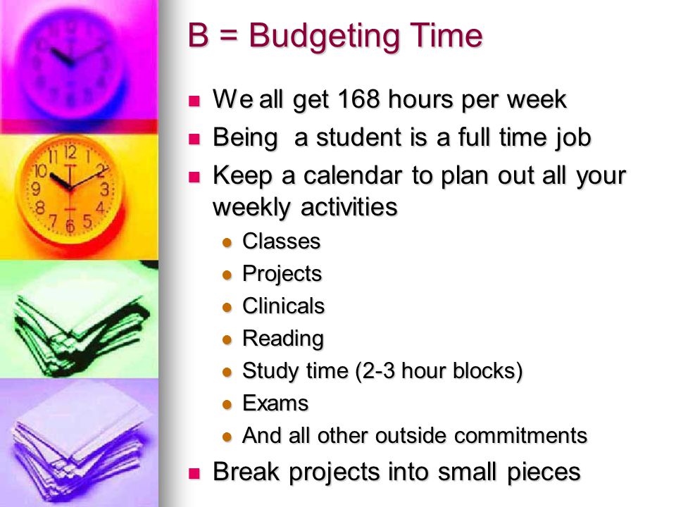 B = Budgeting Time We all get 168 hours per week