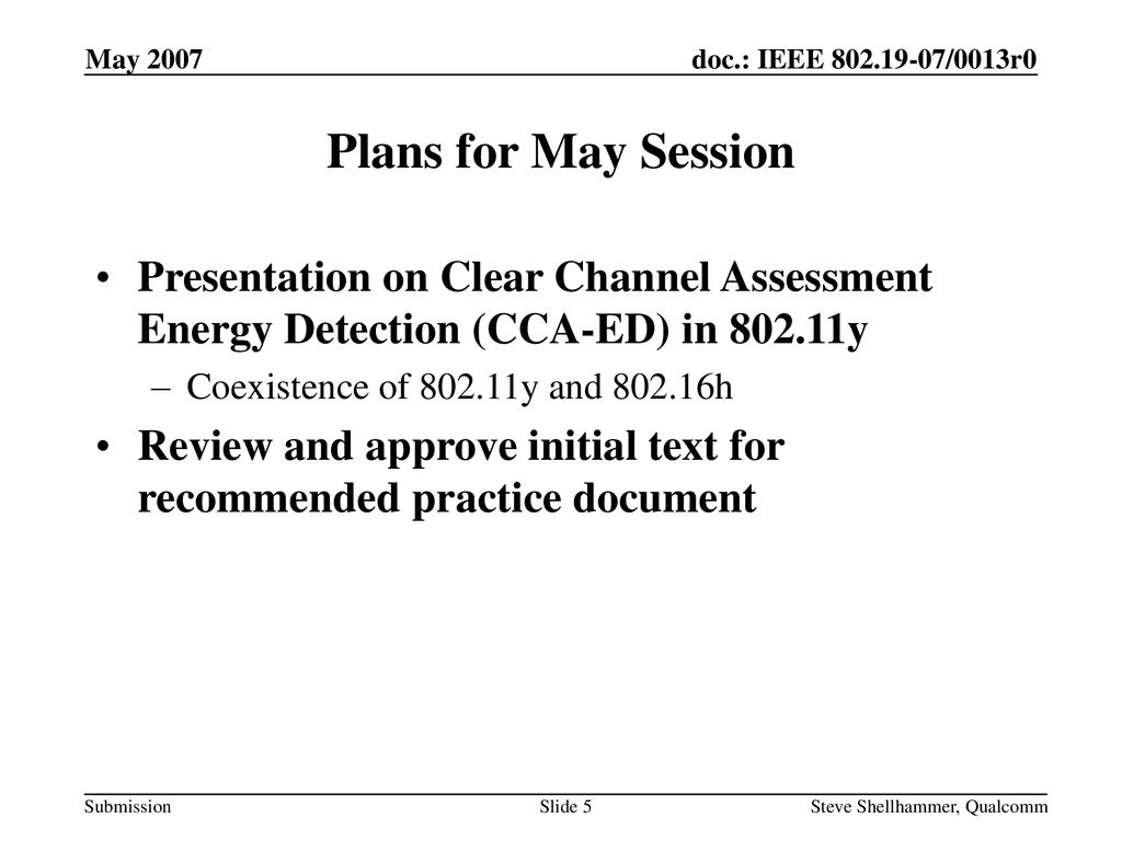 May 2007 Plans for May Session. Presentation on Clear Channel Assessment Energy Detection (CCA-ED) in y.