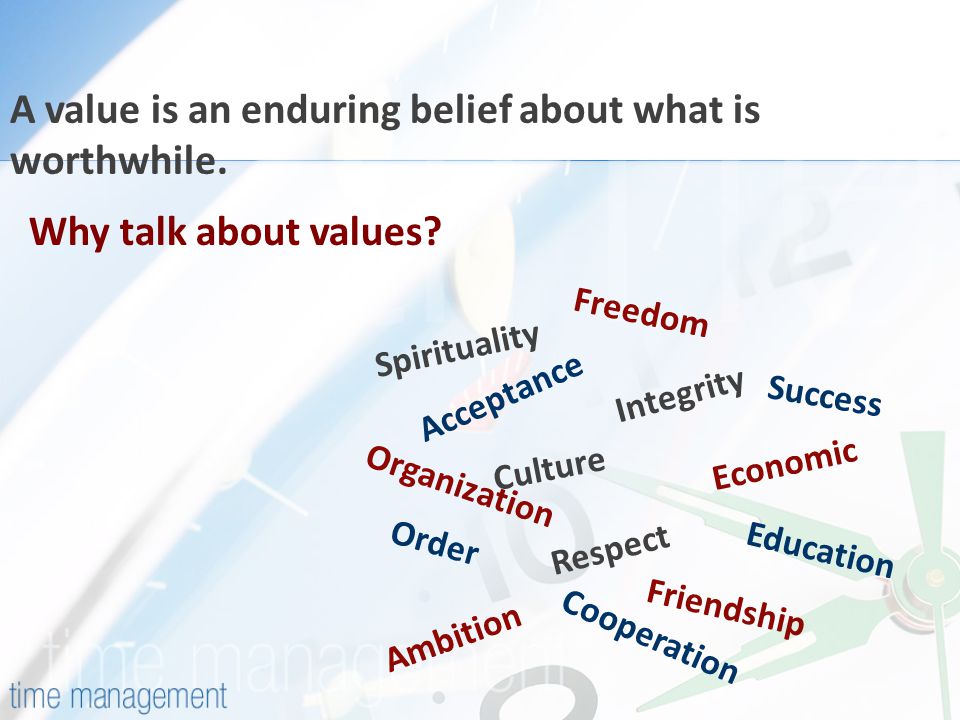 A value is an enduring belief about what is worthwhile.