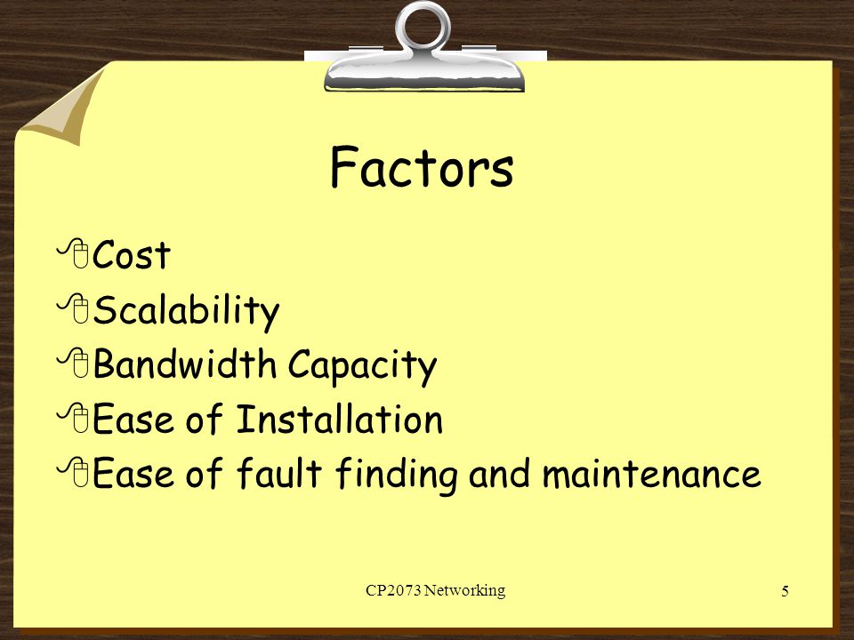 Factors Cost Scalability Bandwidth Capacity Ease of Installation