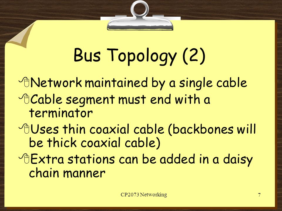 Bus Topology (2) Network maintained by a single cable