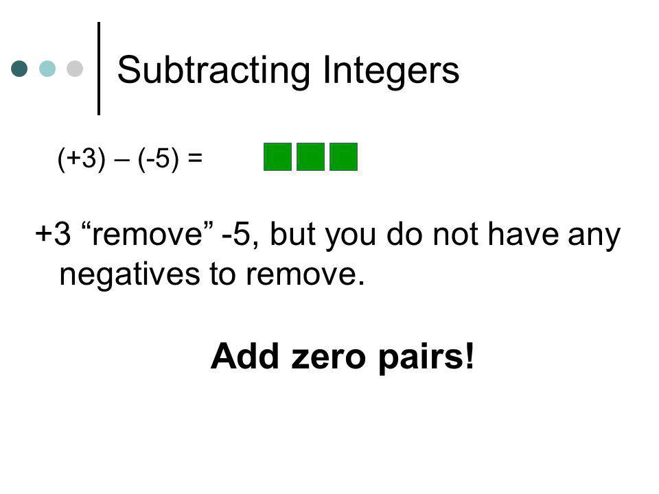 Subtracting Integers Add zero pairs!