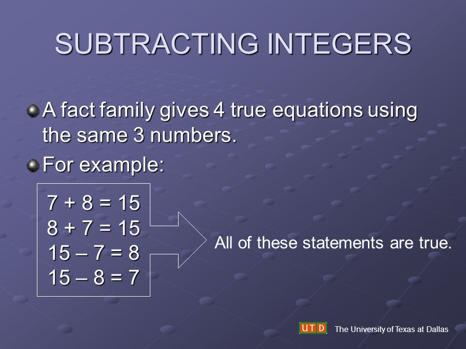 SUBTRACTING INTEGERS A fact family gives 4 true equations using the same 3 numbers. For example: = 15.
