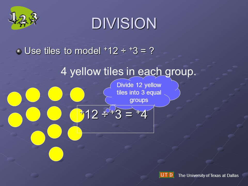 Divide 12 yellow tiles into 3 equal groups
