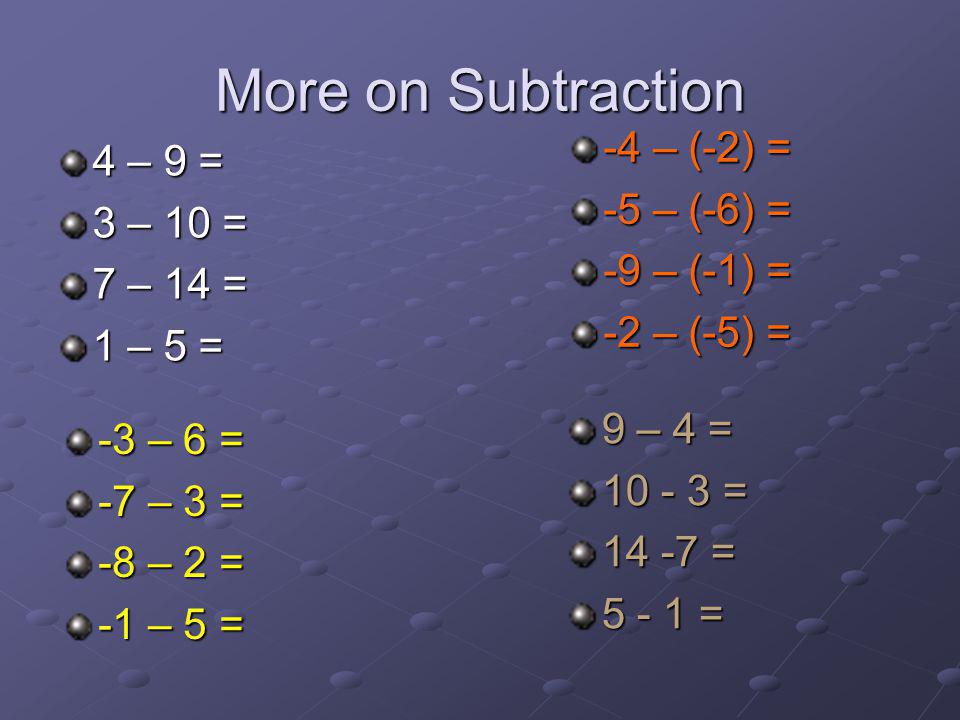 More on Subtraction -4 – (-2) = 4 – 9 = -5 – (-6) = 3 – 10 =