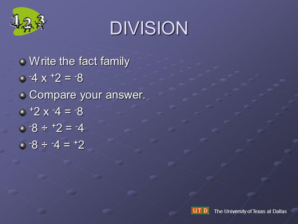 DIVISION Write the fact family -4 x +2 = -8 Compare your answer.