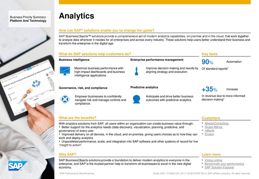 Analytics 90% +35% Key facts Customers Business Priority Summary