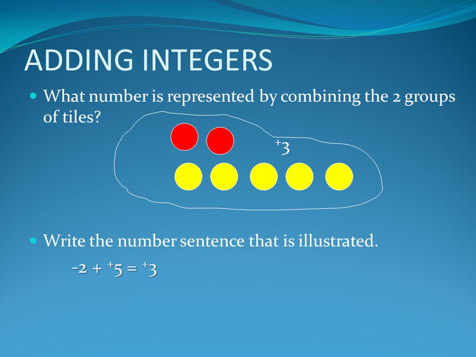ADDING INTEGERS What number is represented by combining the 2 groups of tiles Write the number sentence that is illustrated.