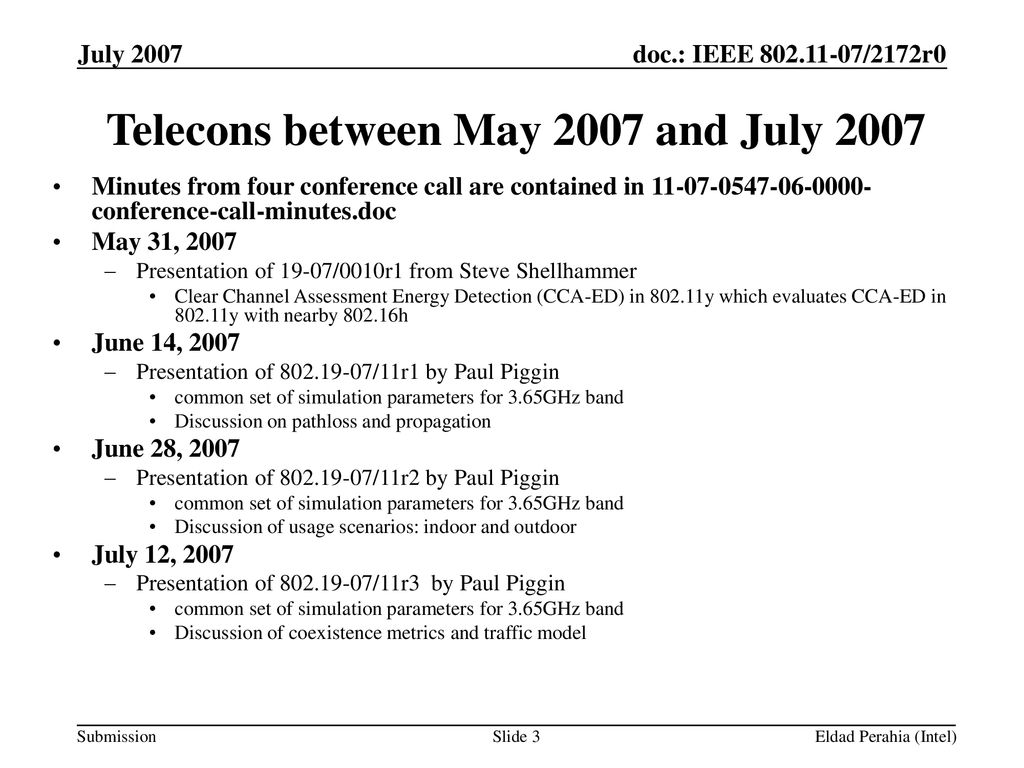 Telecons between May 2007 and July 2007