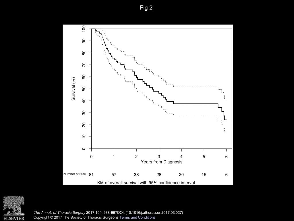 Fig 2 Overall survival of entire patient population (95% confidence interval [CI] is also shown). (KM = Kaplan-Meier.)