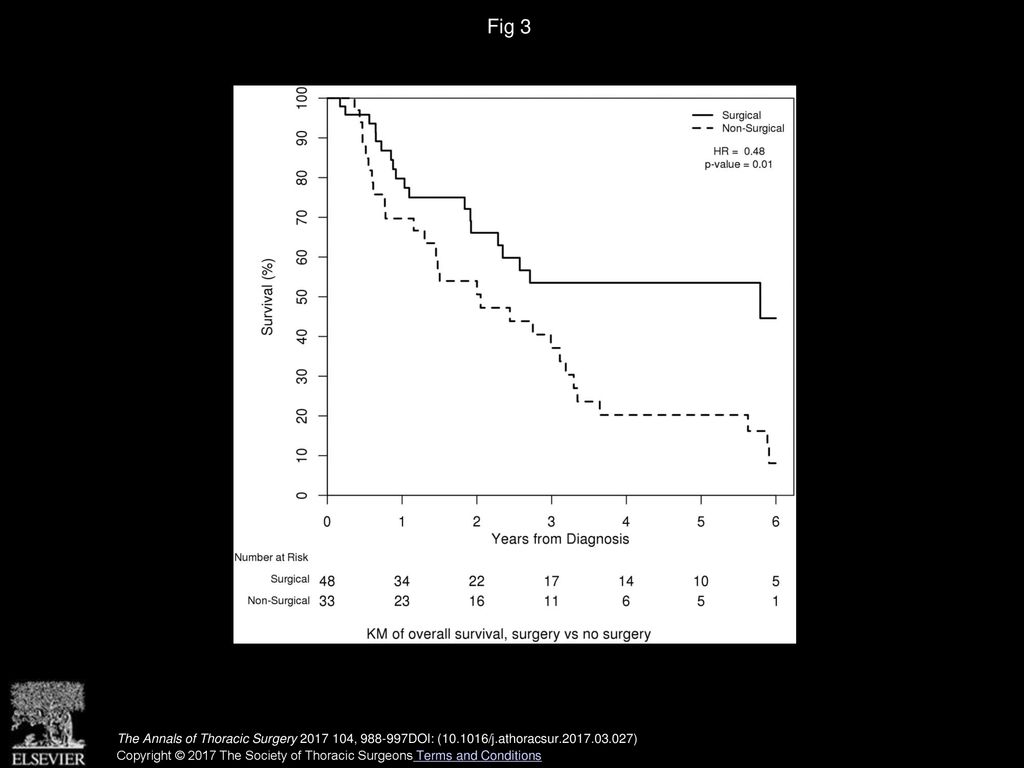 Fig 3 Overall survival in surgical versus nonsurgical patients. (HR = hazard ratio; KM = Kaplan-Meier.)