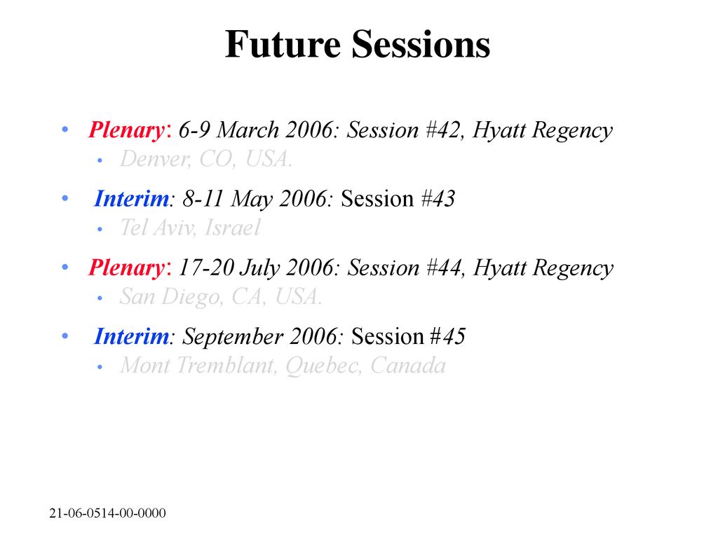 Future Sessions Plenary: 6-9 March 2006: Session #42, Hyatt Regency