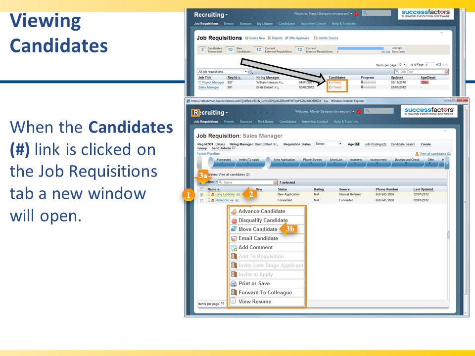 Viewing Candidates When the Candidates (#) link is clicked on the Job Requisitions tab a new window will open.