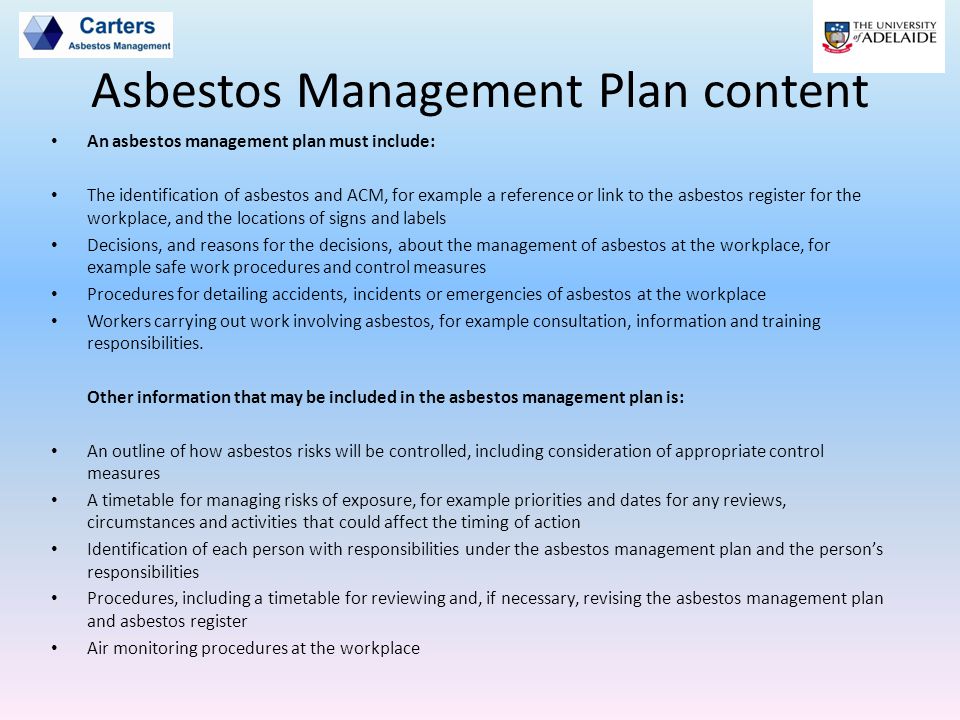 Asbestos Management Plan content