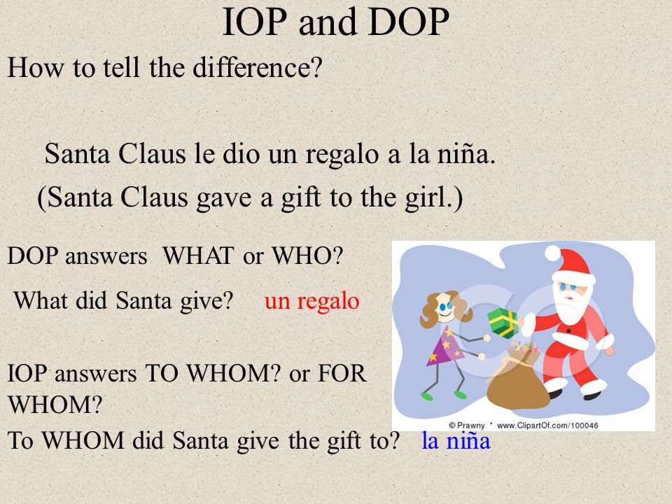 IOP and DOP How to tell the difference Santa Claus le dio un regalo a la niña. (Santa Claus gave a gift to the girl.)