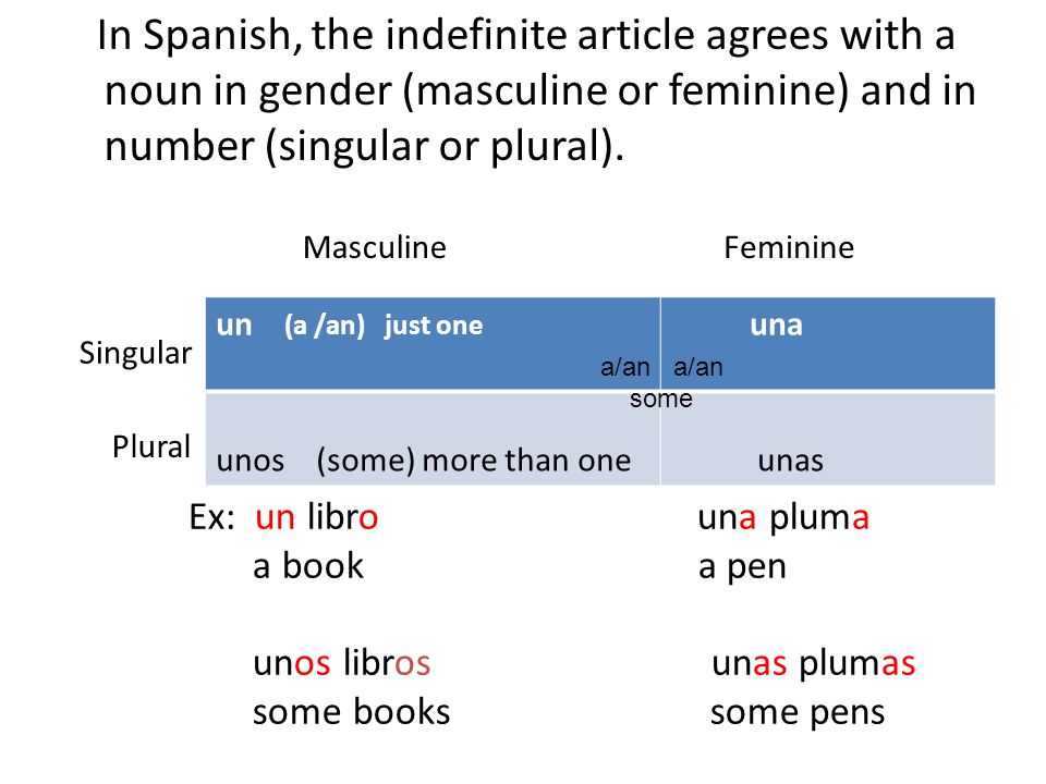 In Spanish, the indefinite article agrees with a noun in gender (masculine or feminine) and in number (singular or plural).