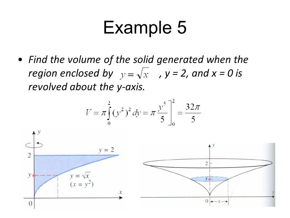 Example 5 Find the volume of the solid generated when the region enclosed by , y = 2, and x = 0 is revolved about the y-axis.
