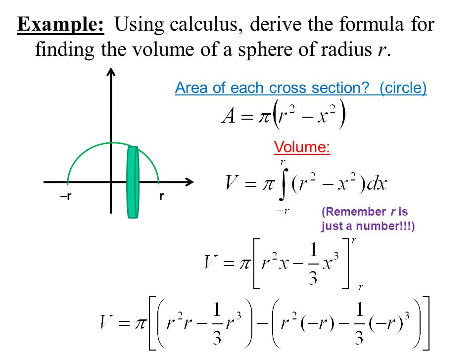 Example: Using calculus, derive the formula for finding the volume of a sphere of radius r.