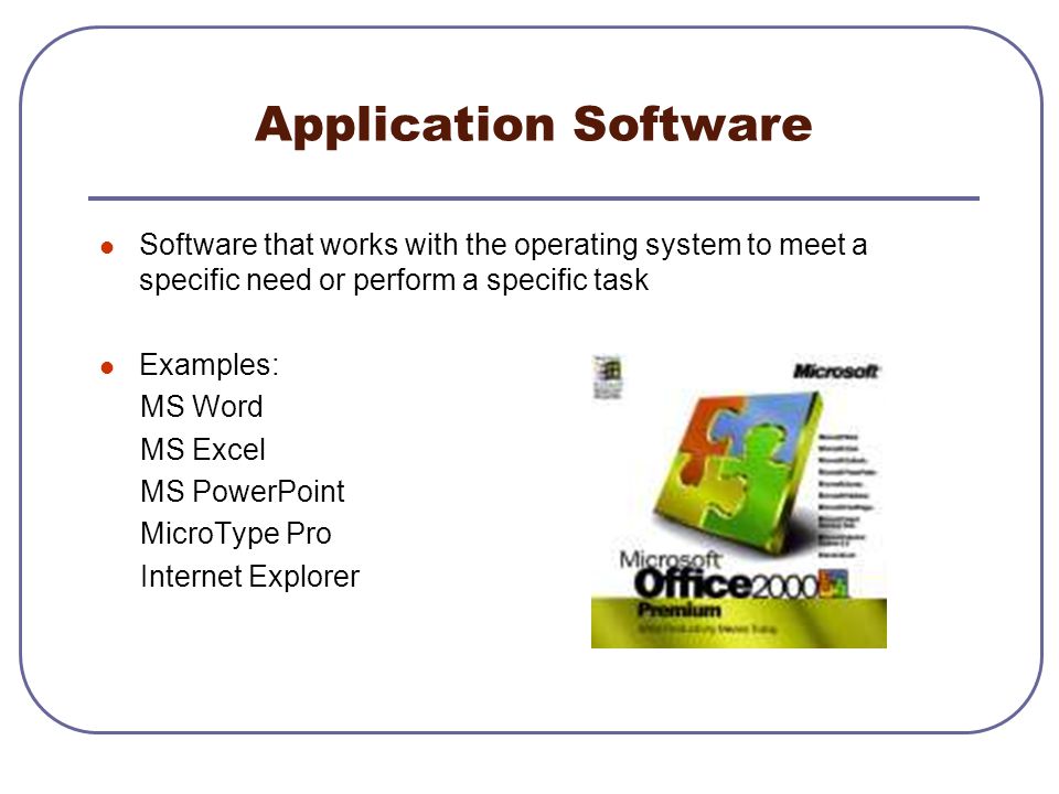 Application Software Software that works with the operating system to meet a specific need or perform a specific task.